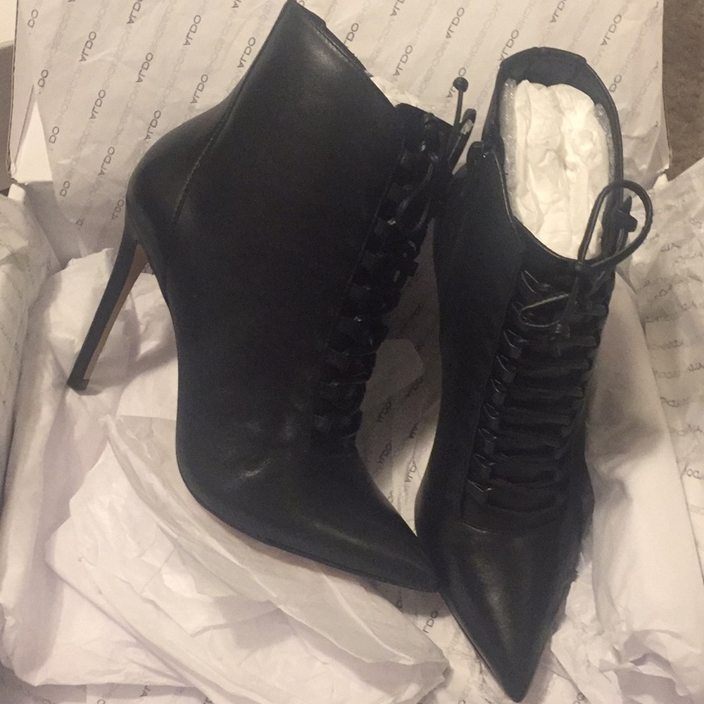 Black lace up front stiletto Aldo booties
